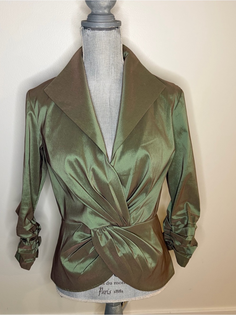 Tadashi Collection Olive Green Satin Wrap Blazer with Draped Knot Waist . 10